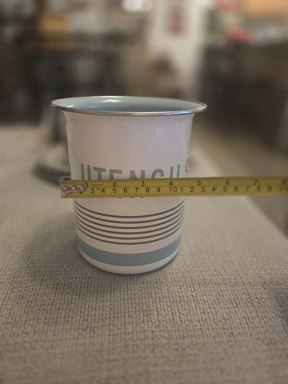 Metal Utensil Crock in White with Aqua Accents